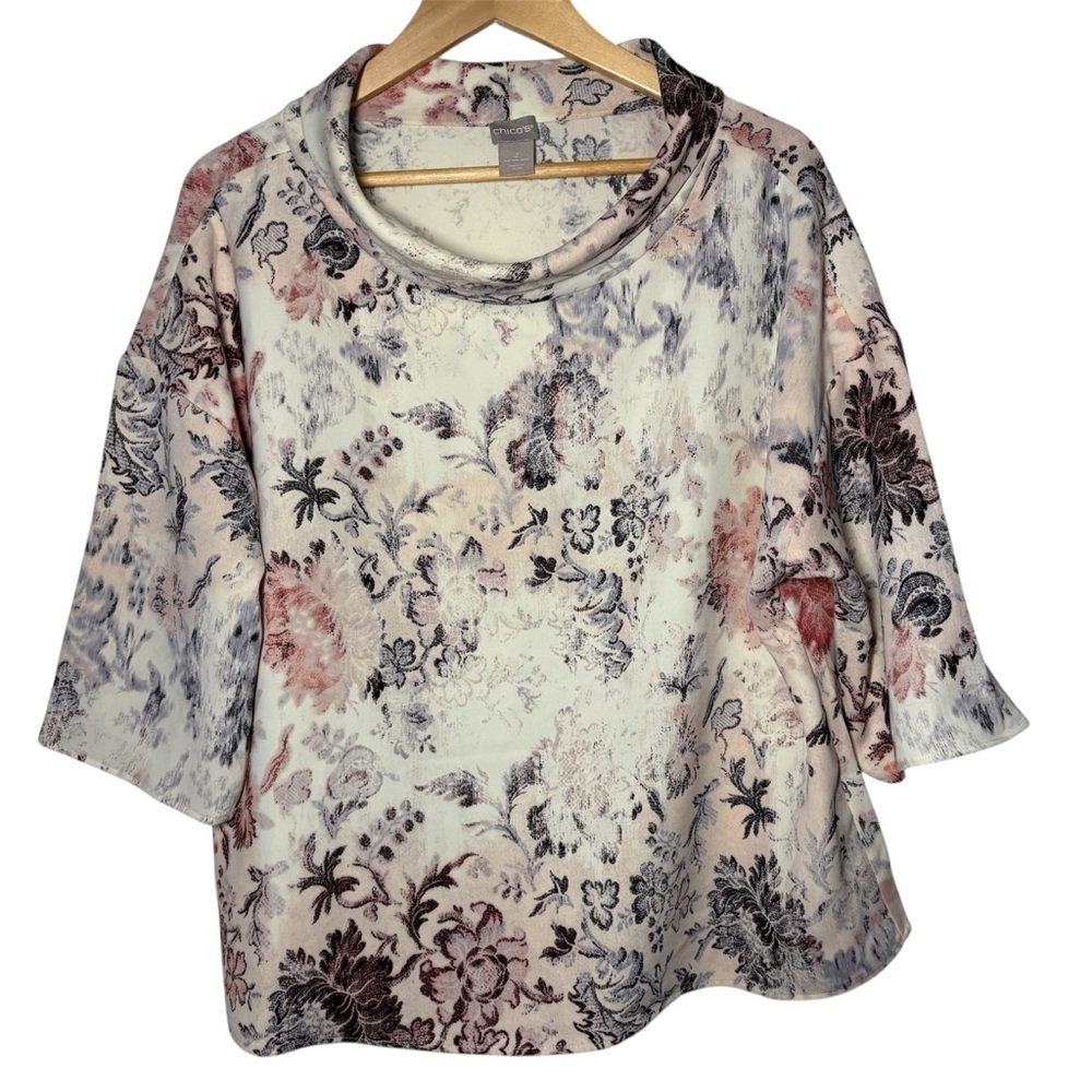 Chico's Blouse Top Sz 2 Large Floral Parisian Funnel Neck 3/4 Sleeve Career Boxy
